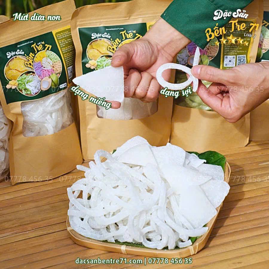 Cận cảnh mứt dừa non dạng miếng và dạng sợi HICOCO